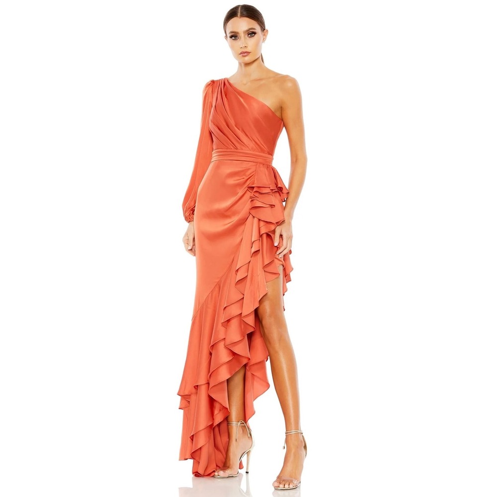Mac Duggal Ieena One Shoulder Ruffle Cutout Satin Gown Rust Orange 26425